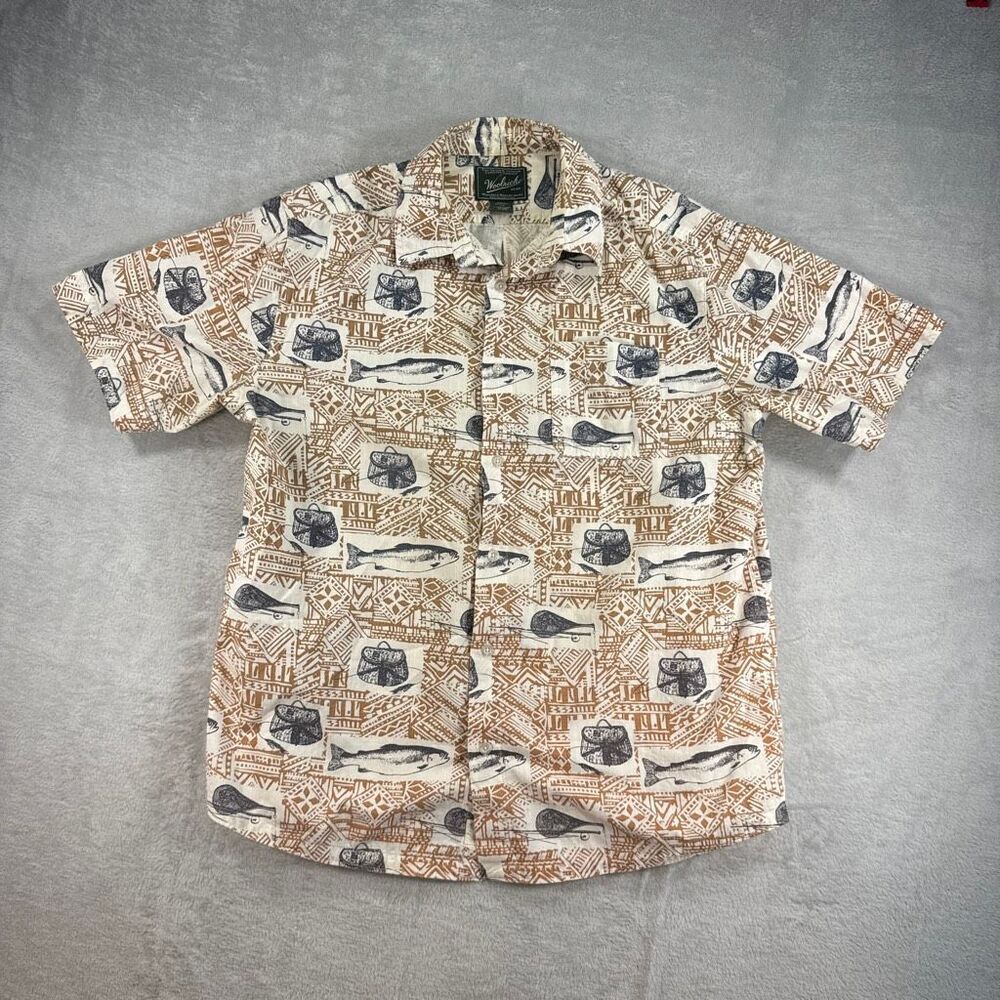 Vintage Woolrich Salmon Fisherman Print Camp Shirt Organic Cotton Size L  A